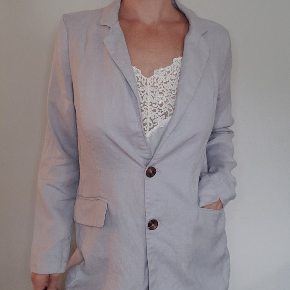 Tahari 100% Linen Lavender Taupe Long Oversized Collared Jacket Pockets XS